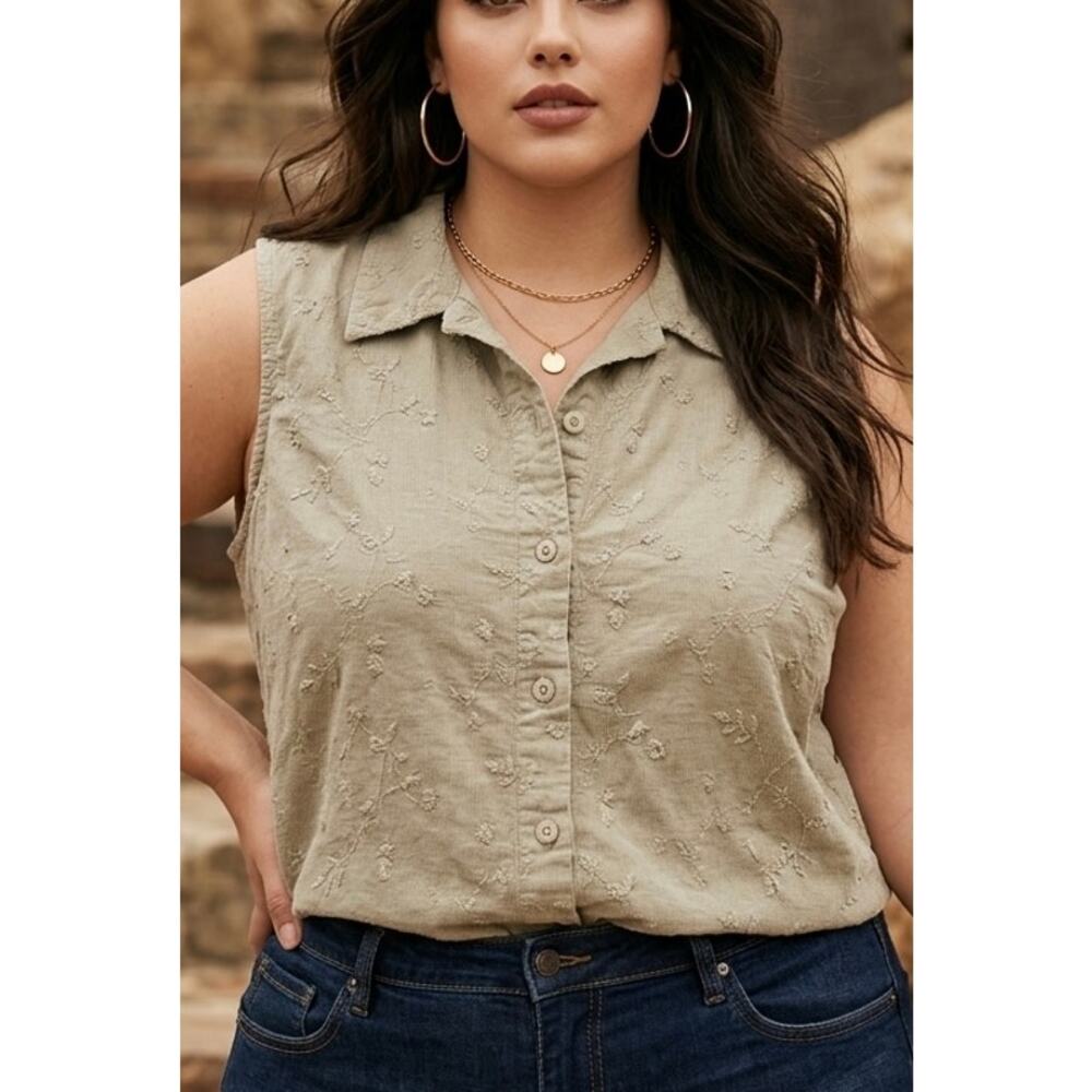 Embroidered Womens Top 18W Safari Soft Utility Y2K Coastal Granny Earthy Garden